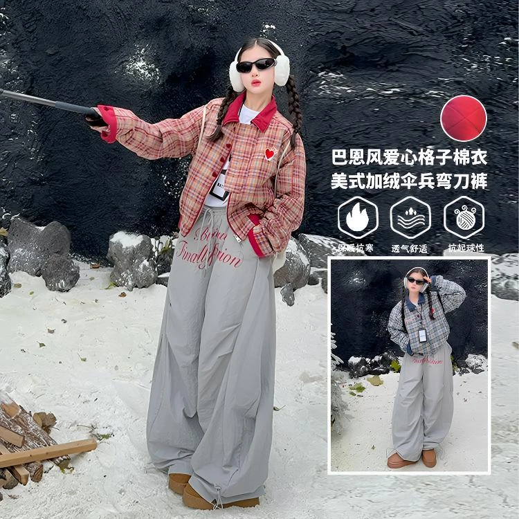 女童冬季爱心格子棉服巴恩风外套中大女童冬装加厚棉服百搭W19