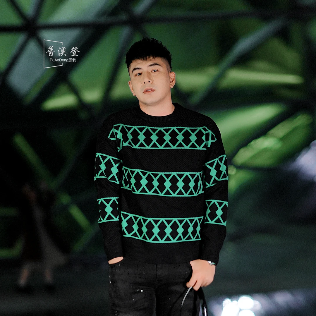 2024秋冬季新款时尚潮流百搭休闲几何图案提花男士长袖针织衫毛衣
