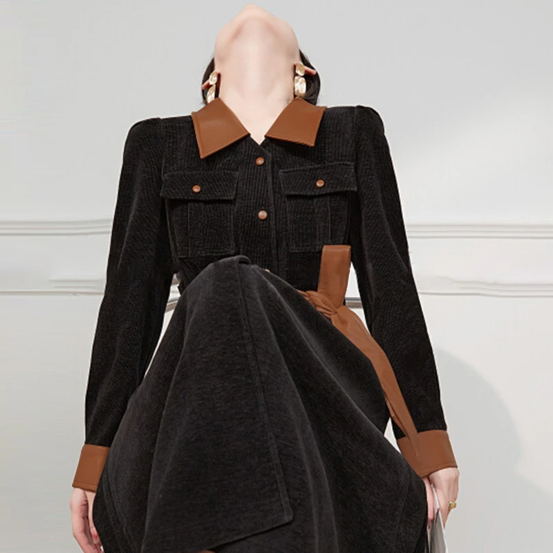 TW黑色赫本风显瘦时尚秋冬连衣裙秋拼色法式气质名媛复古裙子2302