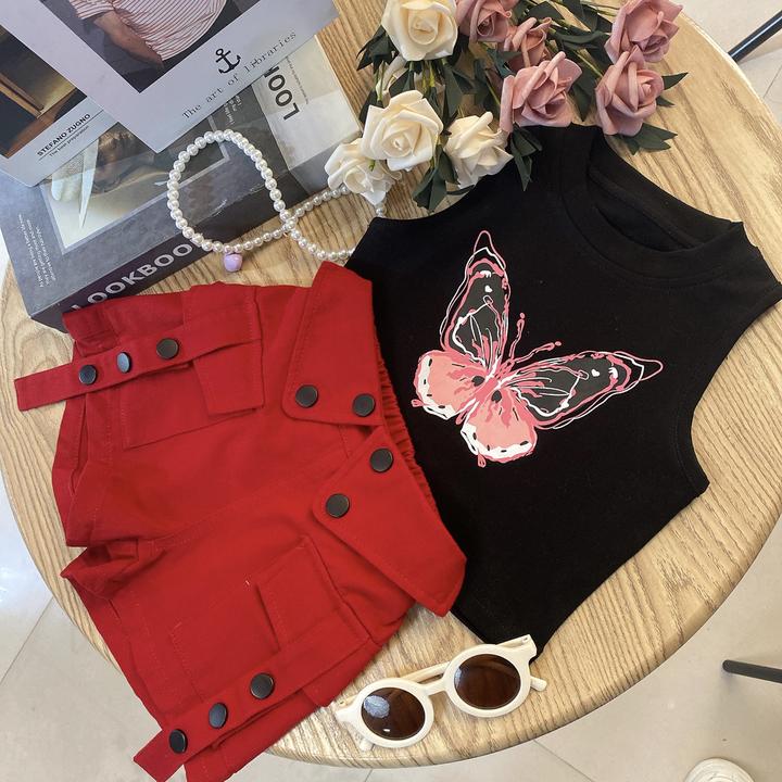 【夏末清仓】2024夏季新款女8童休闲套装 蝴蝶背心上衣短裤韩版裤子