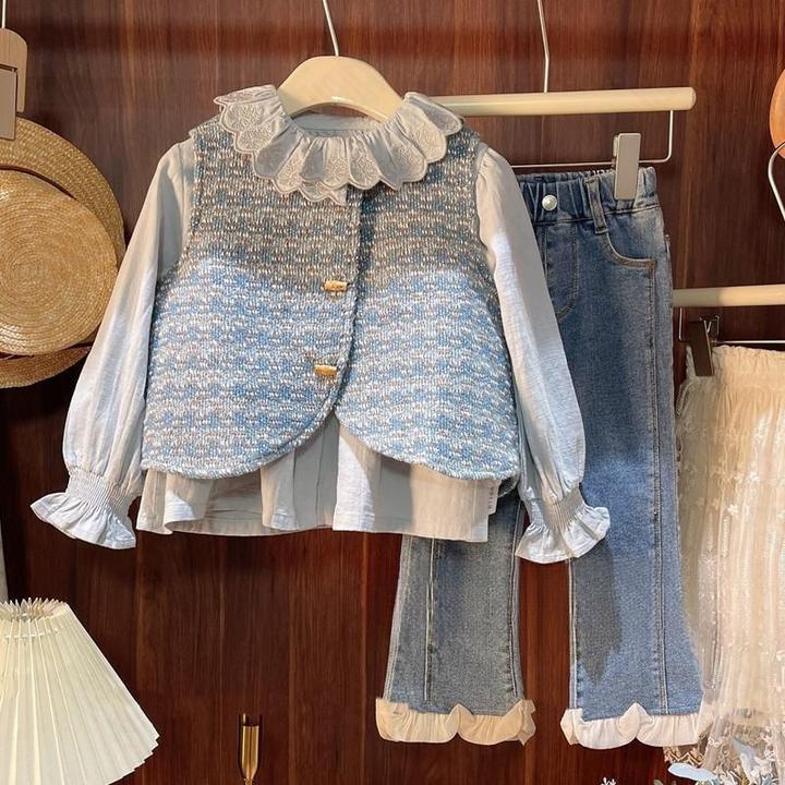 【清仓大促】女童春秋季套装2024爆款6韩系女宝宝小香马甲牛仔裤女