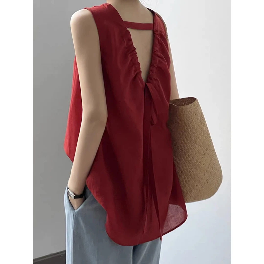韩复古石榴红锦麻背心女夏宽松甜美无袖露背系带气质无袖背心上衣