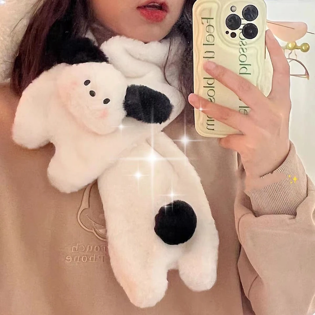 可爱卡通奶呼呼小狗围巾秋冬奶油色保暖短款围脖手套百搭闺蜜款