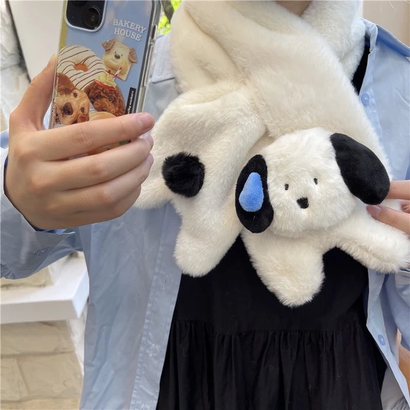 可爱卡通奶呼呼流汗狗冬天围巾奶油色保暖短款围脖手套百搭闺蜜款