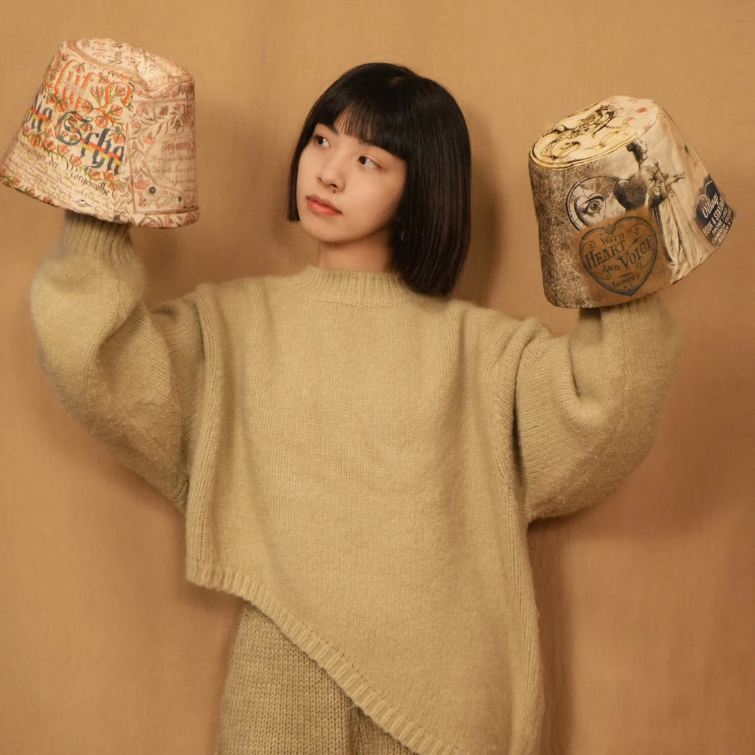 欧式复古夹棉盆帽阿耷原创小众设计秋冬文艺百搭拼色加厚保暖休闲