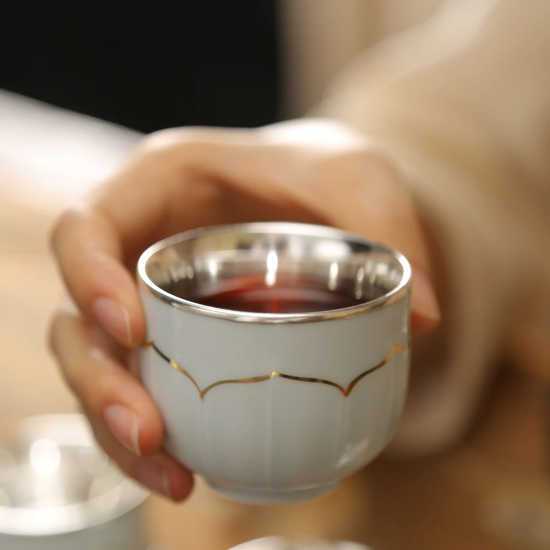 银壶家族纯手工高档镶银主人杯复古家用陶瓷包银杯防烫精致银杯子