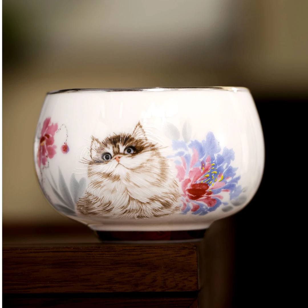 银壶家族猫咪花口杯主人杯单杯禅意瓷包银功夫茶具客杯品茗杯