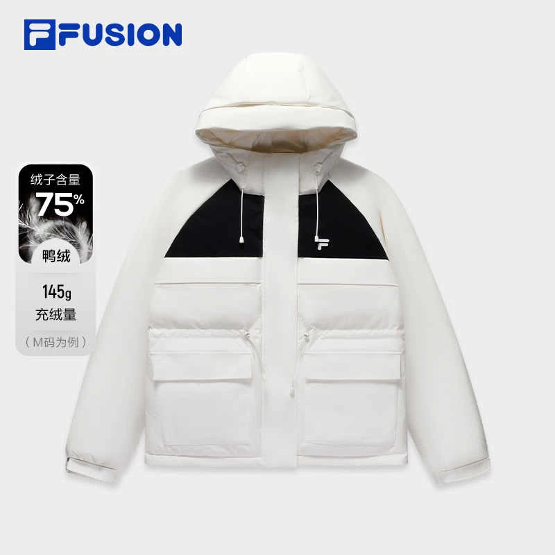 FILAFUSION斐乐潮牌中长羽绒服女2024冬拼色收腰外套T11W445905