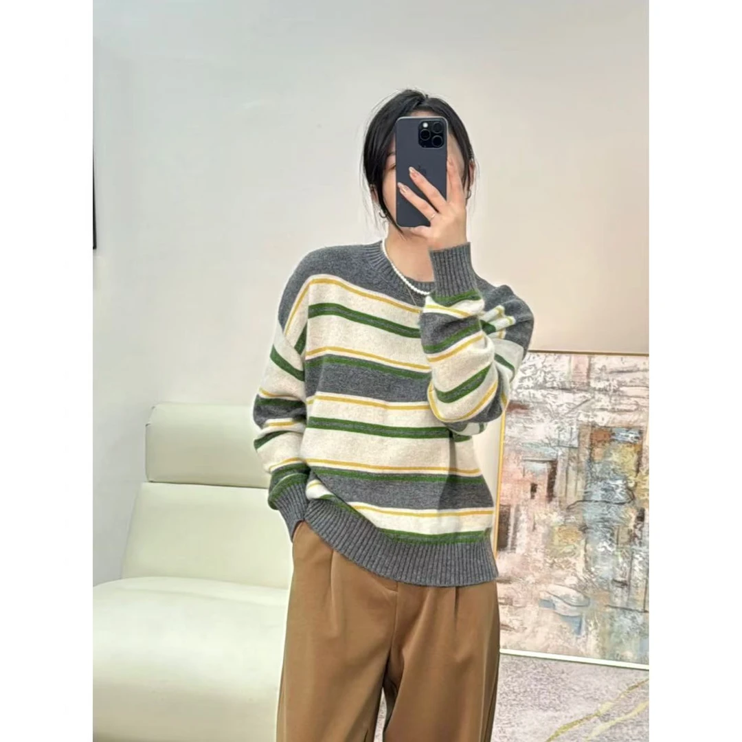 小静折扣~P588L圆领拼色条纹柔软宽松套头针织衫（衣长56（90-140斤