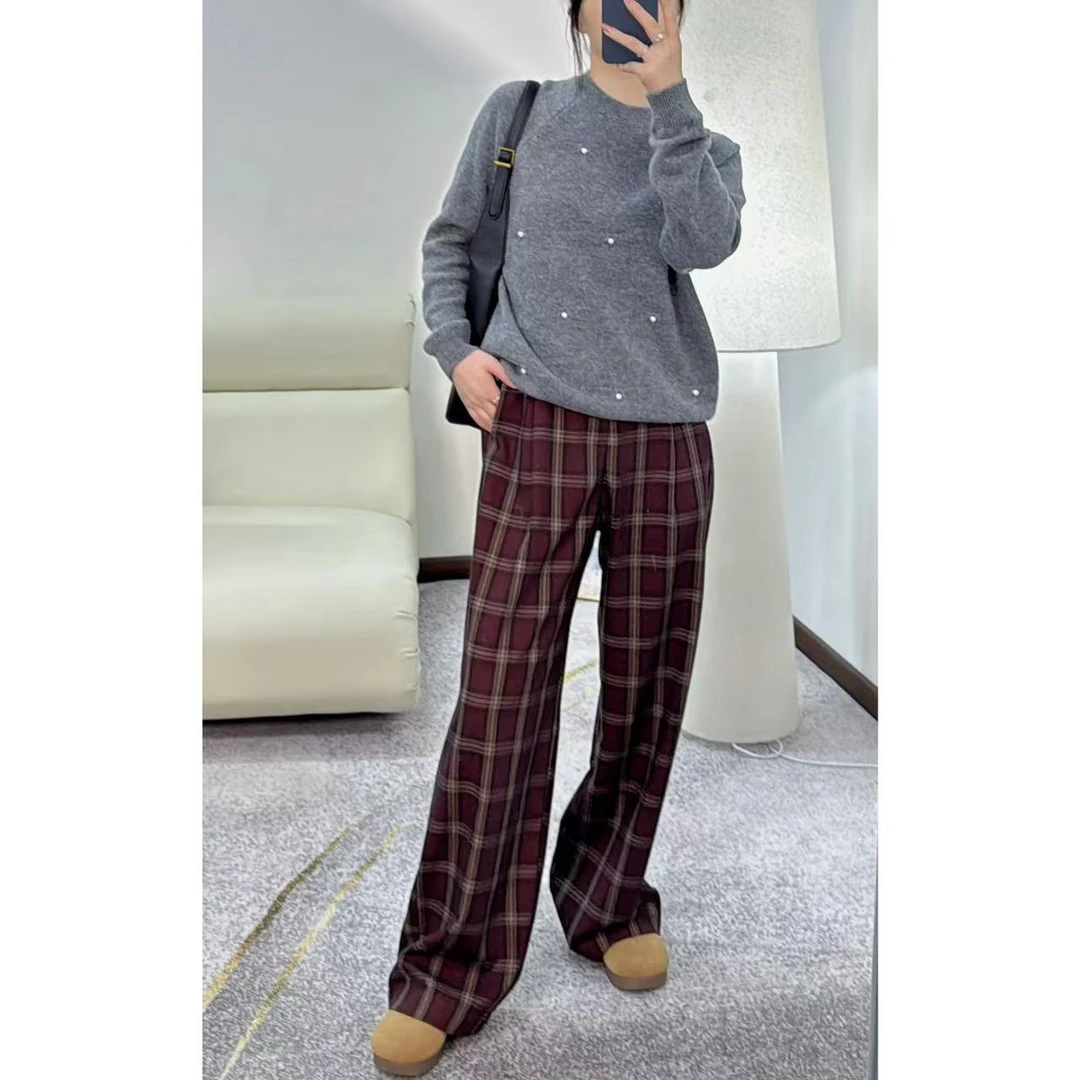 小静折扣~HZ909  格纹半松紧腰休闲格纹直筒裤（卡码拍大）