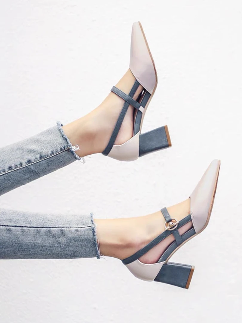 7203 5 春夏新款名媛风学院公主高跟尖头一字扣带韩版粗跟凉鞋