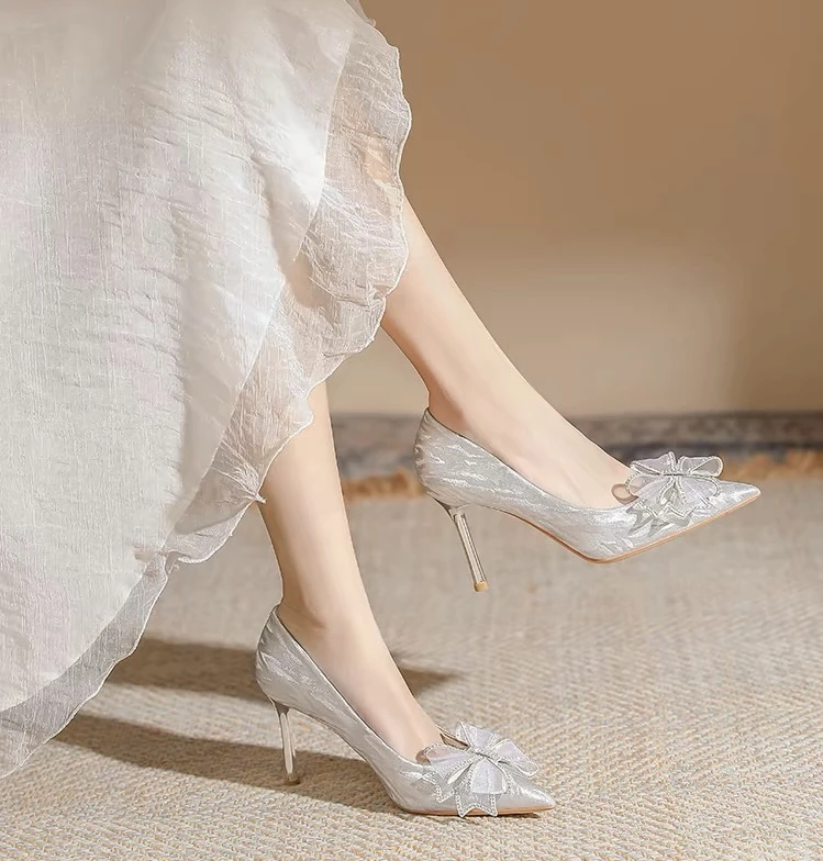 9601-6 银色高跟鞋女新款水钻蝴蝶结婚鞋水晶鞋