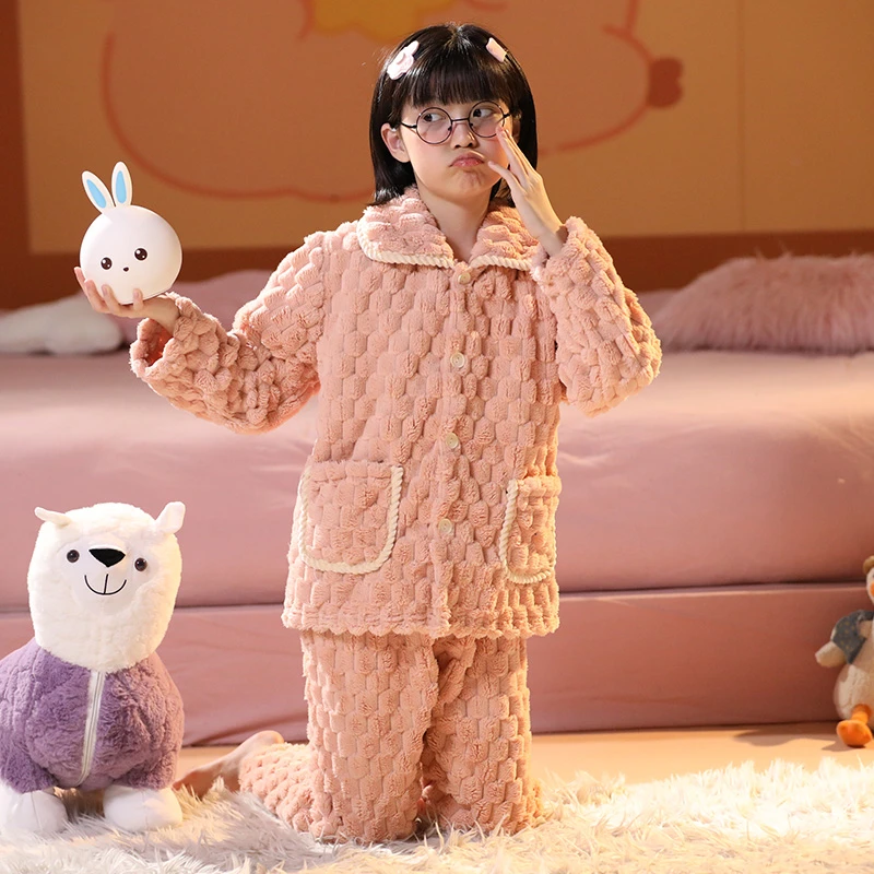 儿童秋冬季女童法兰绒睡衣加厚珊瑚绒女孩小中大童家居服套装加绒