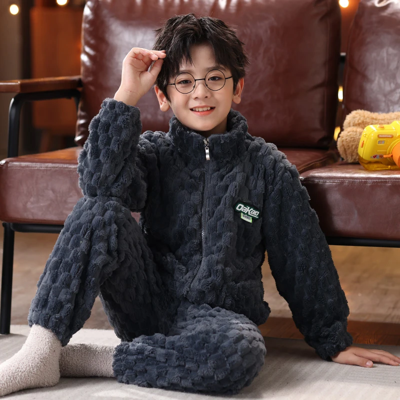 秋冬季法兰绒加厚儿童睡衣珊瑚绒男童女孩加绒秋款保暖家居服套装