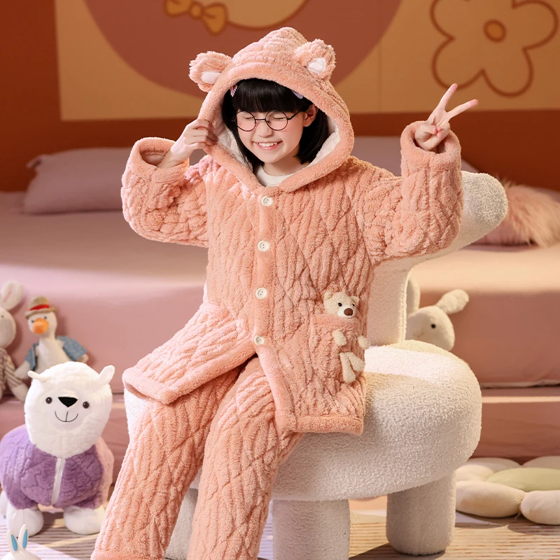 儿童冬季三层夹棉连帽套装女童女孩保暖家居服男童加厚法兰绒睡衣