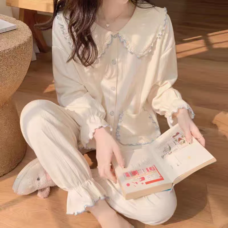 睡衣女秋夏甜美宫廷风公主蕾丝花边春长袖睡裙薄款居家服两件套装