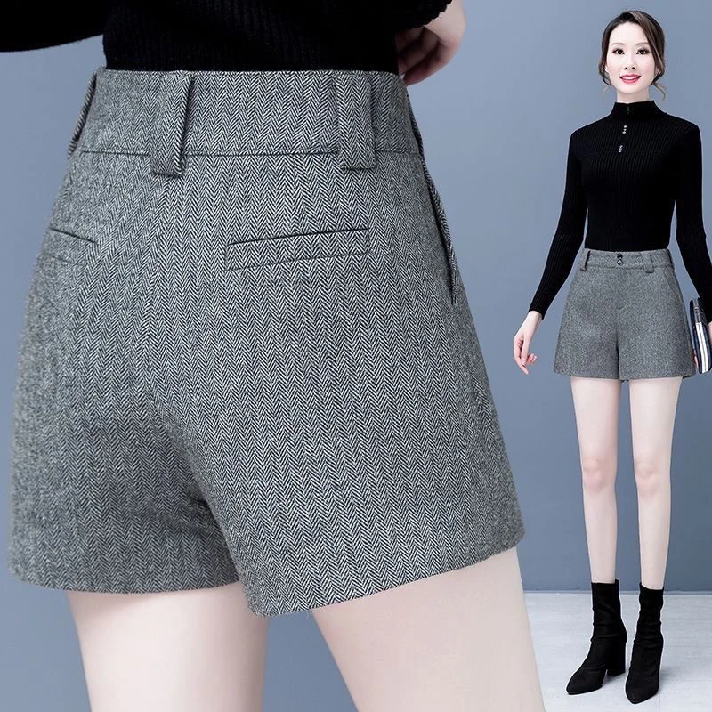 毛呢短裤女秋冬款新款高腰休闲a字阔腿显瘦加厚呢子靴裤冬季外穿