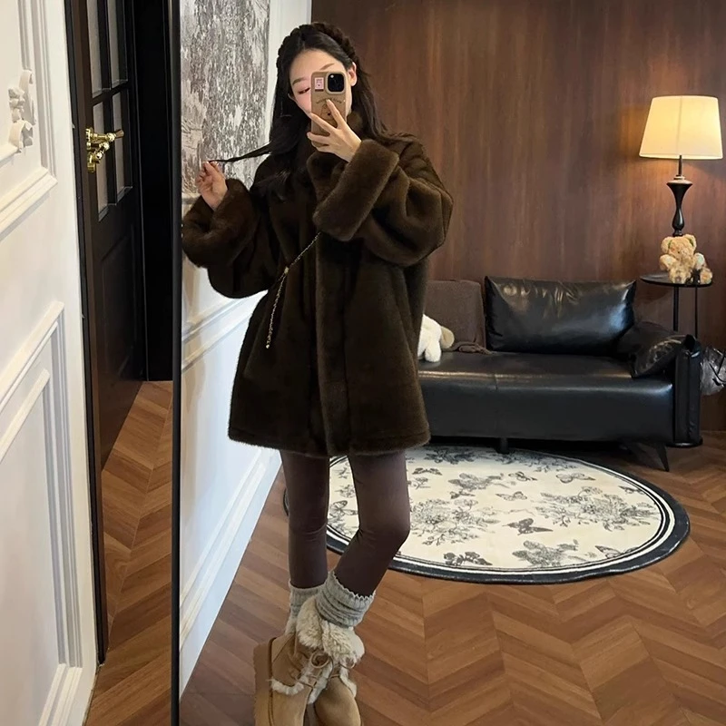 2024秋冬季新款韩版宽松外套中长款立领挽袖中古咖色外套女冬款