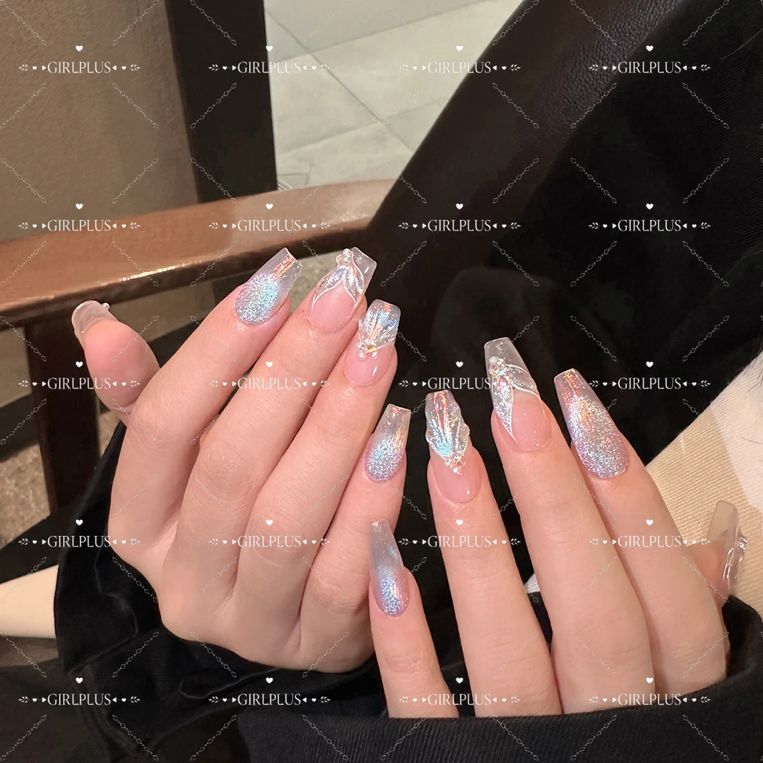 『梦幻人鱼』j梦幻海洋蓝人鱼公主纯手工穿戴甲贝壳中长美甲贴片