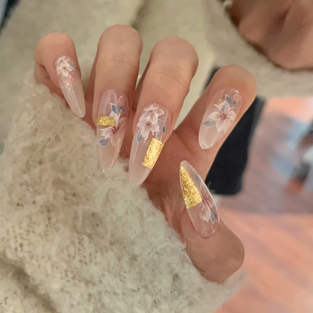 『长安春·歌』z新中式国风金箔花花手绘纯手工穿戴甲美甲贴片