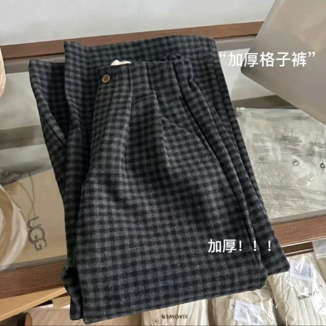 秋冬新款加厚复古格子裤女半松紧垂感宽松百搭显瘦经典阔腿裤