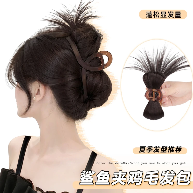 丸子头假发女鸡毛抓夹毽子头发蓬松高颅顶慵懒网红鲨鱼夹假发发包