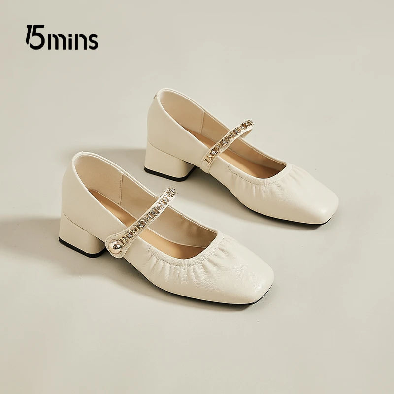 15mins方头浅口粗跟一字带水钻单鞋仙女法式软皮软底舒适玛丽珍鞋