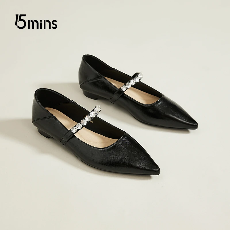 15mins珍珠法式尖头粗跟单鞋女2025春季新款气质名媛黑色玛丽珍鞋