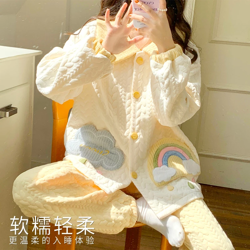 加厚保暖孕妇睡衣秋冬季产妇产后月子服夹层空气棉喂奶期哺乳套装