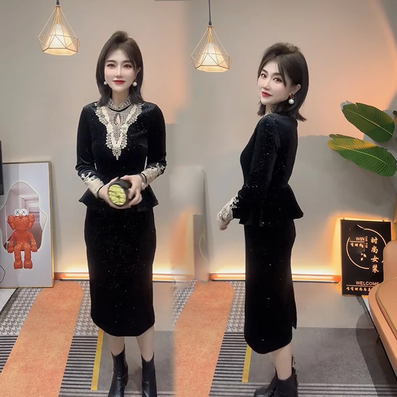 秋冬气质显瘦蕾丝拼接丝绒假两件名媛风洋气中长款时尚修身连衣裙