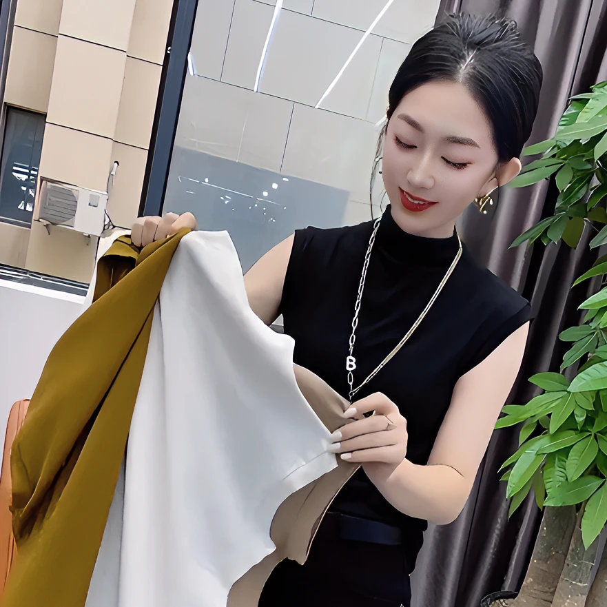 时尚性感修身显瘦无袖小衫百搭纯色半高领洋气潮流女士打底上衣潮