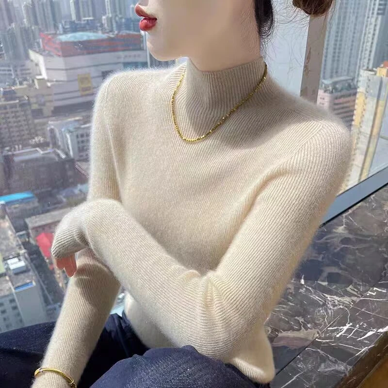 鄂尔多斯市新款无缝一线成衣半高领修身羊绒打底衫女秋冬款毛衣