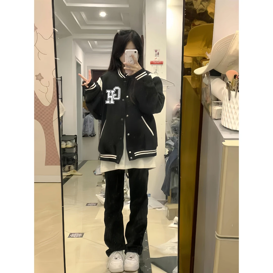 时尚 美式 复合牛奶丝330克 春秋女宽松夹克卫衣短外套学院风开衫