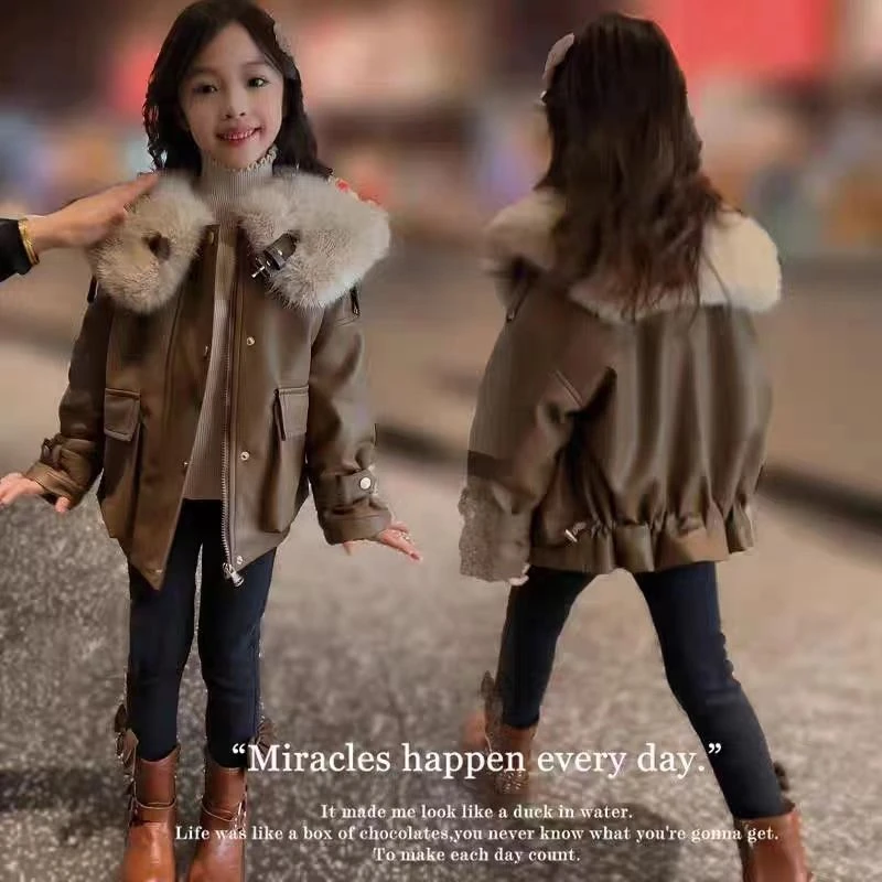 女童冬装2023新款加绒高档皮衣儿童冬季加厚中大童洋气短款皮外套