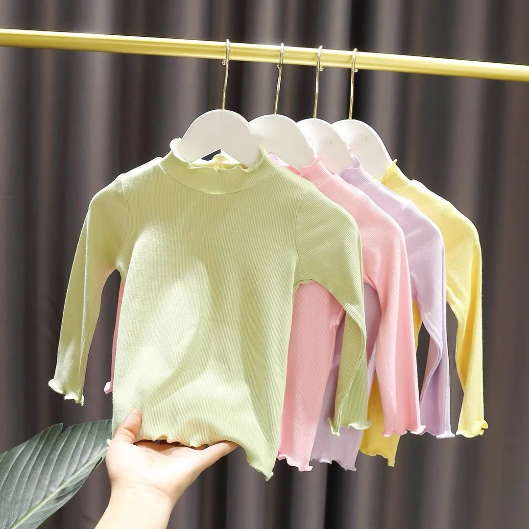 女童打底衫春秋装2022儿童木耳边洋气花边纯色长袖T恤小女孩上衣