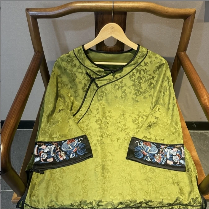 如梦令 芳华设计新中式刺绣拼接太太服中国风绿色斜襟上衣