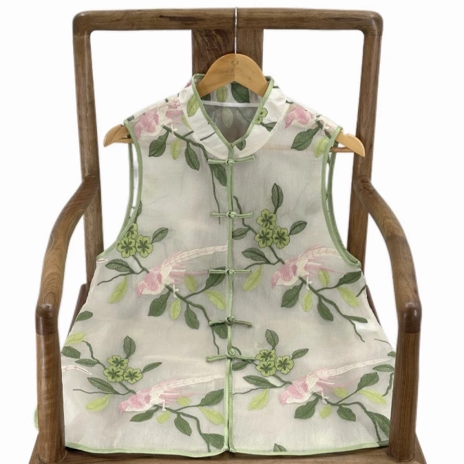 鸟语蝉鸣 芳华设计新中式刺绣马甲中国风复古盘扣马甲