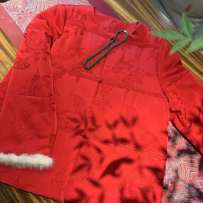 彼岸花 芳华设计新中式复古提花棉服国风圆领拼接棉服