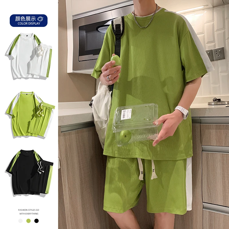 日系潮牌短袖t恤男士夏季薄款搭配五分宽松直筒短裤帅气情侣套装