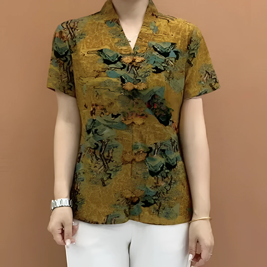 高档盘扣套头打底小衫夏季时尚妈妈装V领百搭休闲复古印花上衣女