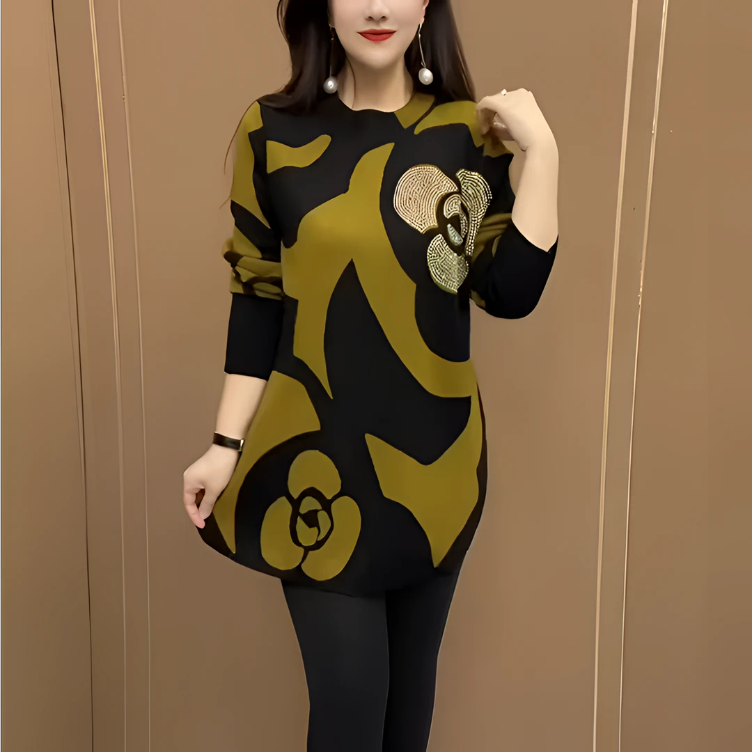 秋冬季新款女士装针织中长款印花衫时尚宽松修身烫钻韩版打底小衫