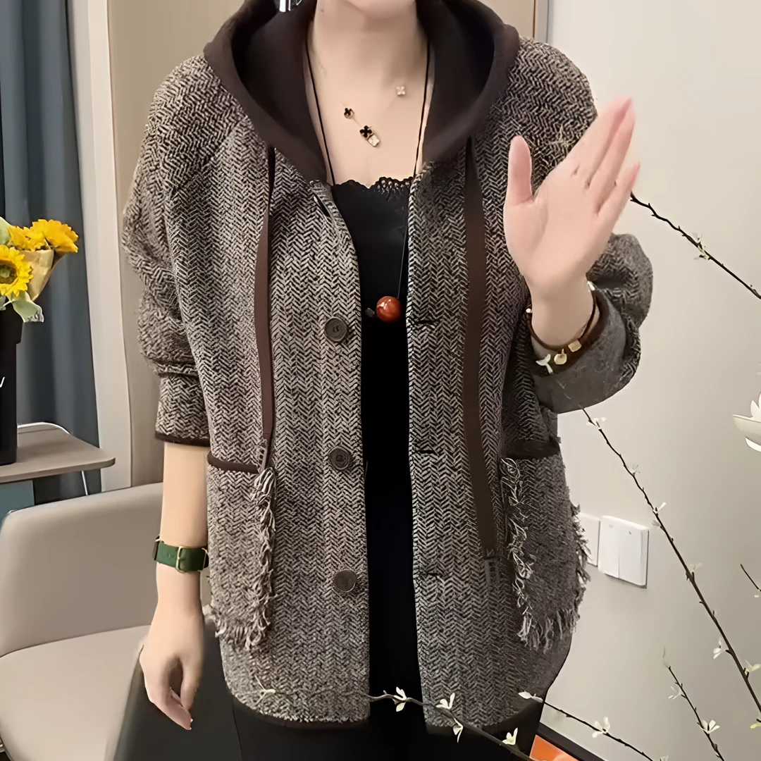 秋冬款时尚宽松弹力双兜大码妈妈上衣韩版连帽开衫加厚拼接款外套