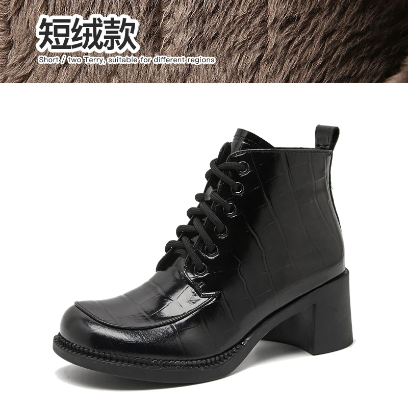 211713真皮高跟马丁靴女高跟靴子加绒棉鞋英伦风小短靴
