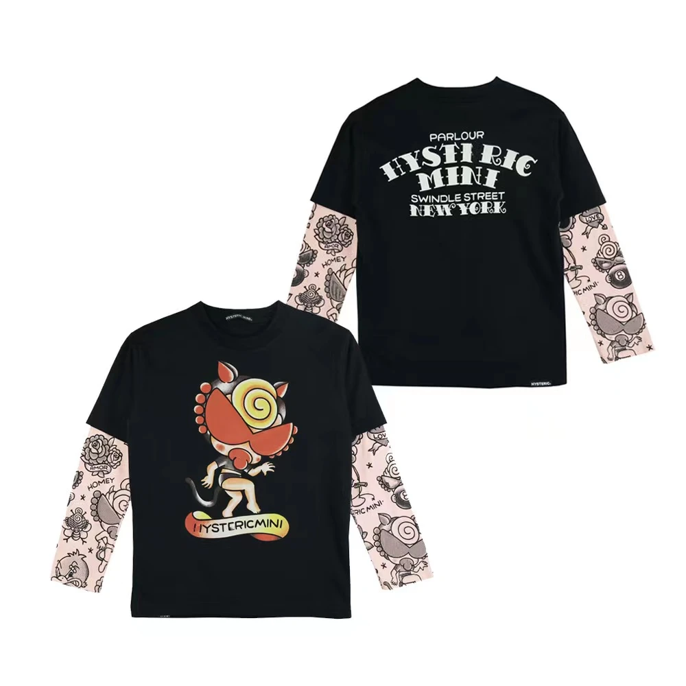2022新款 日系潮牌 奶嘴猫女假两件纹身长袖T 奶嘴童上衣时尚潮流