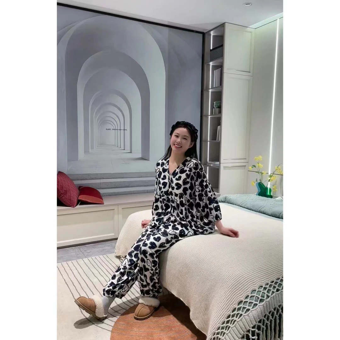 印花爱心可外穿套装秋冬显瘦裤七分袖网红棉绸睡衣家居服宽松版