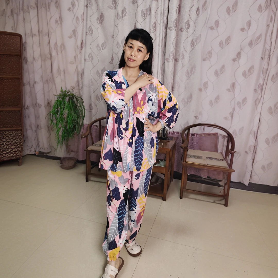 热带雨林夏秋季对襟款灯笼裤七分袖棉绸睡衣家居服空调服大码时尚