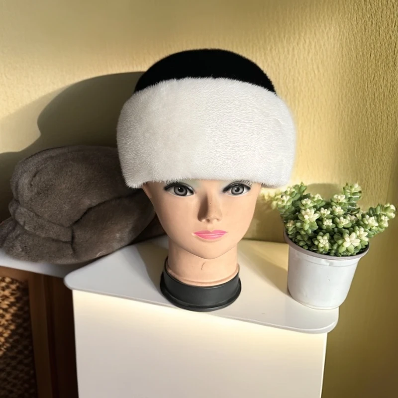 水貂女帽整皮水滴帽子双色三叶帽黑白相交保暖冬季可爱好看