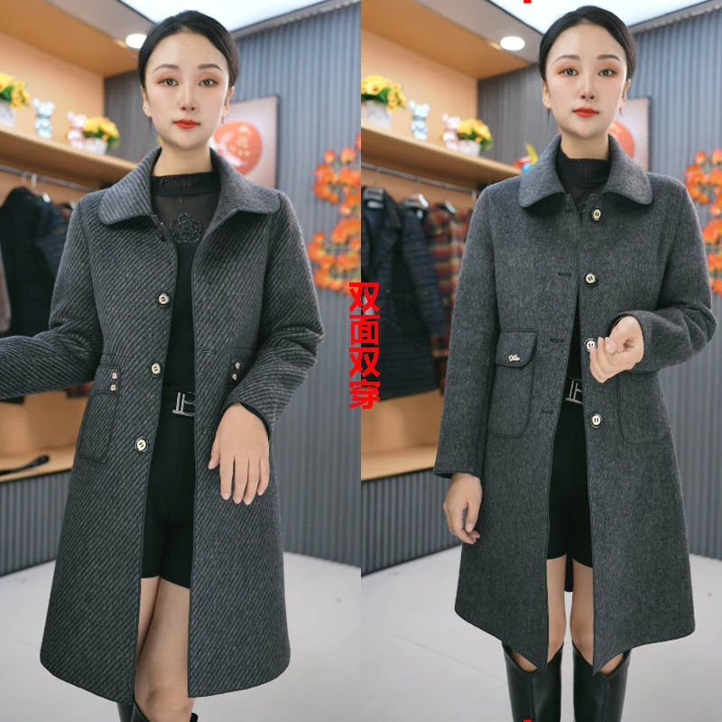 韩版秋冬中长款妈妈装毛呢大衣洋气双面穿时尚中老年羊毛长外套