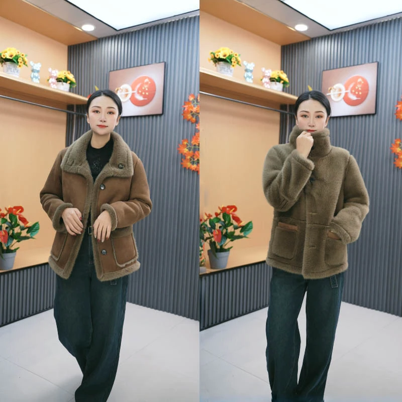 韩版2025新款冬季秋冬外套绒毛一体双面穿百搭女士宽松上衣厚外套
