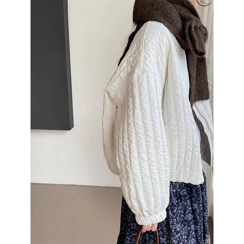 轻盈小暖炉 韩系圆领竖条绗线设计感夹棉外套棉服棉衣女